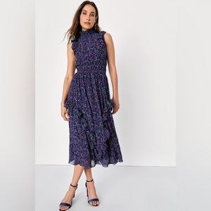 Evalina Navy Blue Floral Print Mock Neck Midi dress Lulus